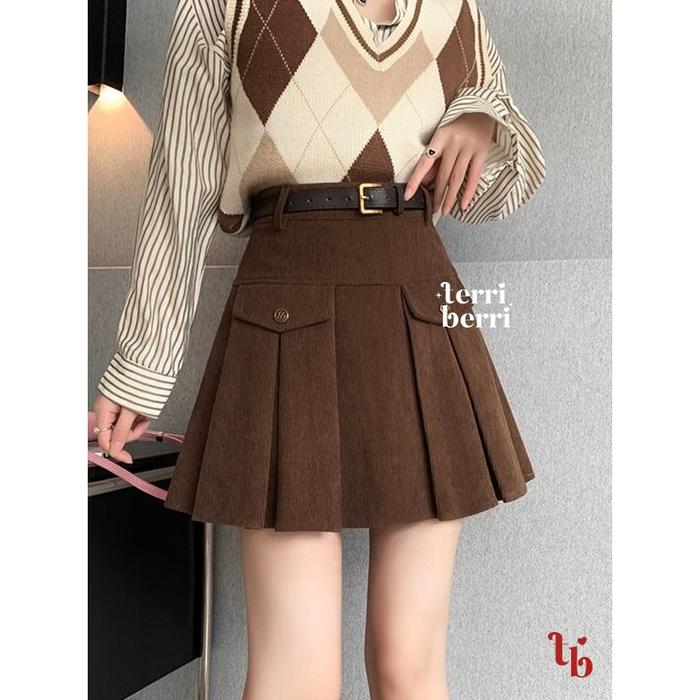viral sora pleated mini skirt oray + belt model wanita cewek korea rok rempel remple corduroy tebal 