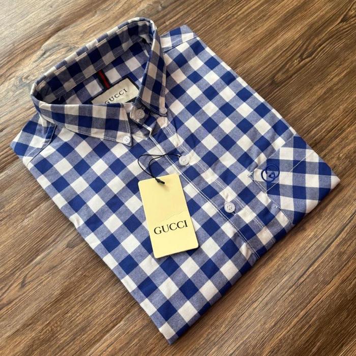 Kemeja Kotak Kotak Pria GUCCI Basic Gingham Shirt Catton Oxford - Blue Lengan Pendek