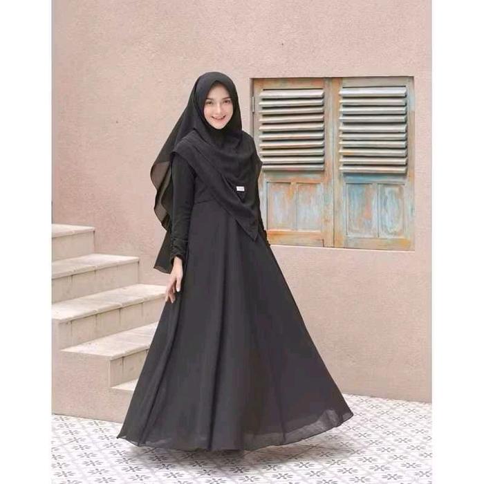 Mayra -  FREE HIJAB Gamis syari 2 layer S M L XL 2XL 3XL jumbo muslim wanita warna hitam black