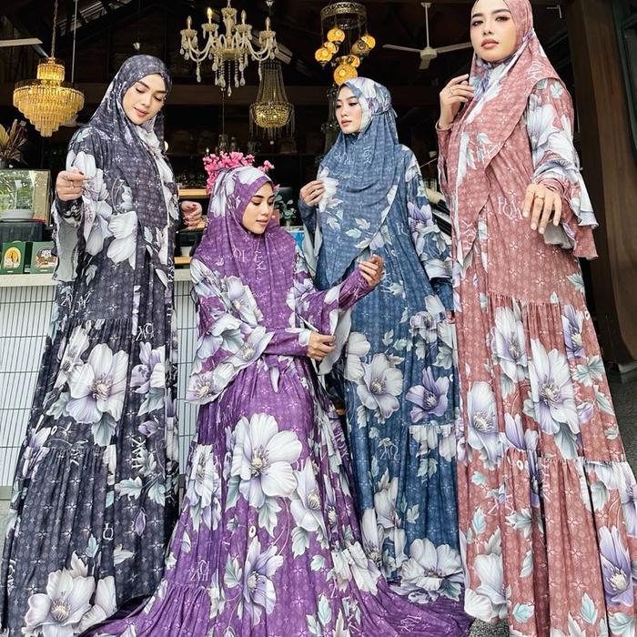 Set syari Gamis pesta by haziqa printing sublime bahan jersey premium melar sampe ld 125cm all size