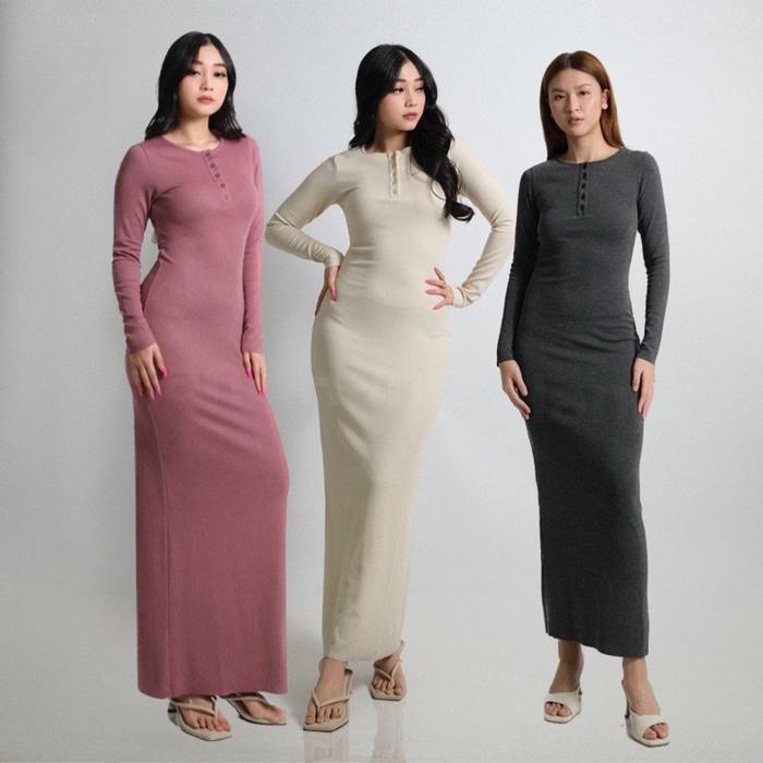 Dress bodycon|  Casual Long Dress Wanita Knit Kancing / Dress press bodycon / Dress pantai KNIT RIB