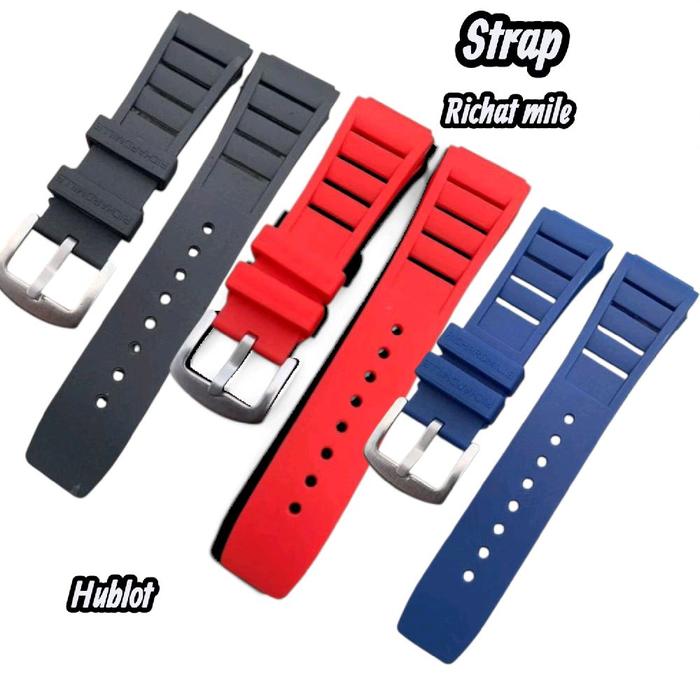 Hublot Strap Richat Mile Tali Jam Tangan Rubber Hitam Merah Biru dengan Buckle Logam untuk Pria dan 