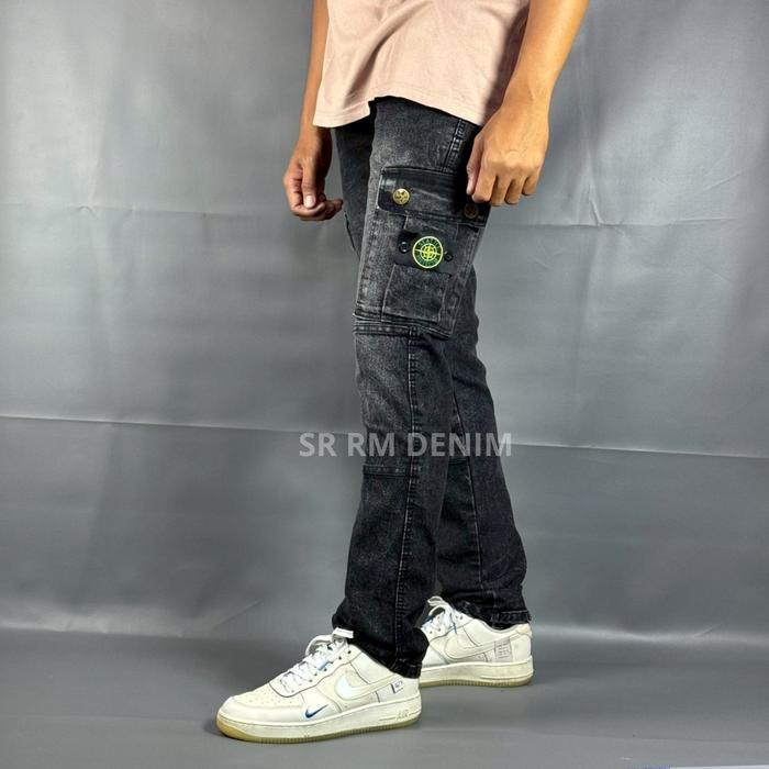 Celana Panjang Jeans Denim Cargo Bordir Emblem Slimfit - Celana PDL Skiny Pria Black Jazz Wash