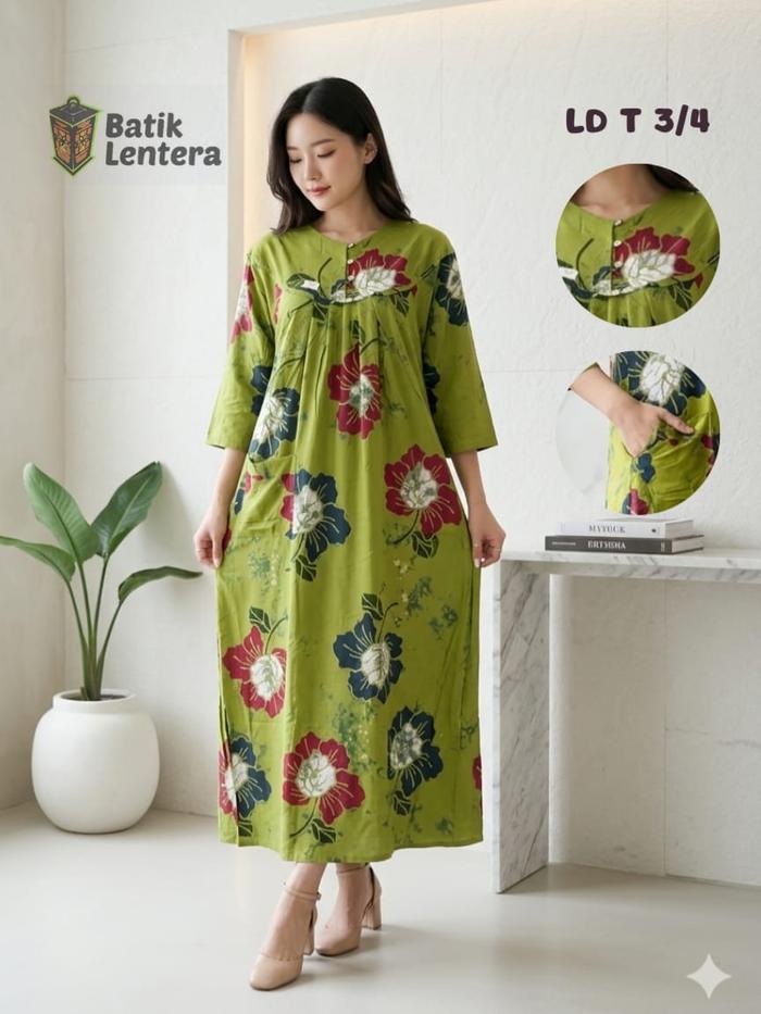 Longdress Daster Lentera Batik Panjang Semata Kaki Tangan 3/4 Busui Kancing Depan Motif Sunan Bunga