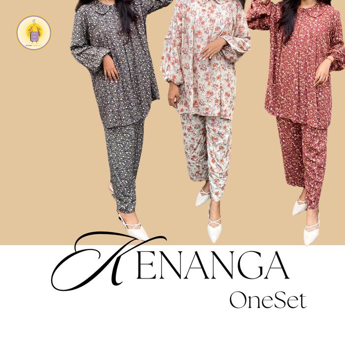 KENANGA ONE SET- setelan panjang wanita lengan Balon Nyaman Rayon Ruffle Atasan Baju Celana Karet