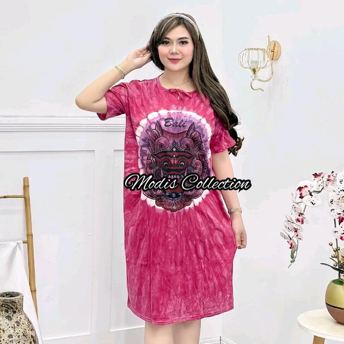 Daster Kaos Bali Motif Barong Dress Wanita Lengan Pendek Panjang Selutut Baju Tidur Model Leher Kera