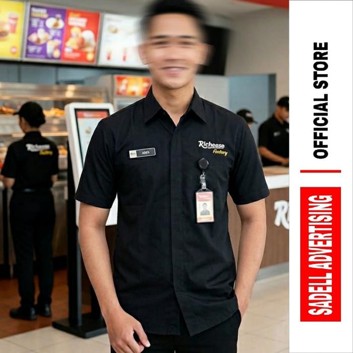 Kemeja RICHEESE Seragam Richeese Factory Baju Richeese Factory Hitam Lengan Pendek Pria Bordir