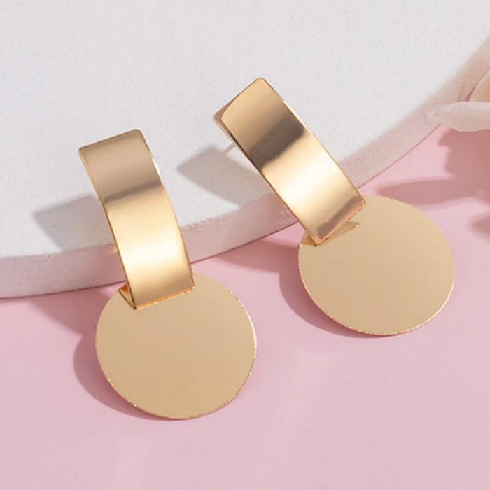 Simple Bar Round Pendants Women's Dangle Earrings Curved Stripe Gold Color Metal Female Drop Earring