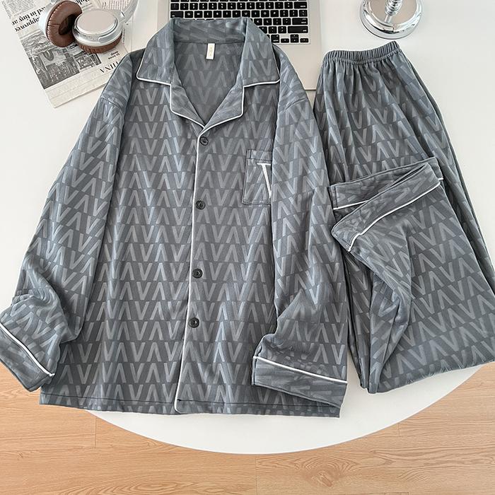 Men's Luxury Velvet Flower Pressing Sleepwear Set Long Sleeve Long Pants Home Comfortable Warmth Car