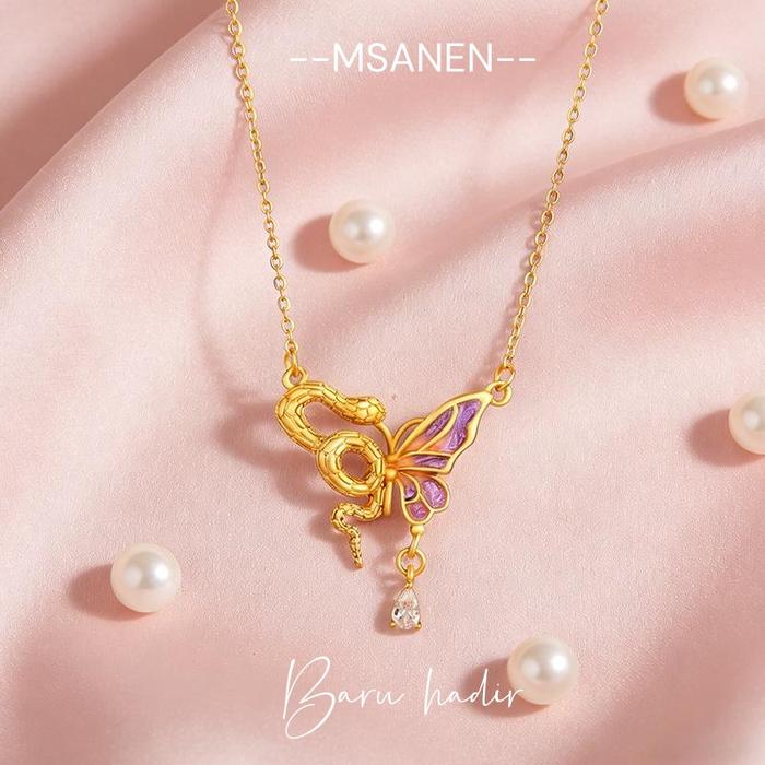 【MASNEN】Kalung Ular Mistis Kupu kupu Pelangi Simple Elegan Baja Titanium Lapis Warna Model Korea Ant