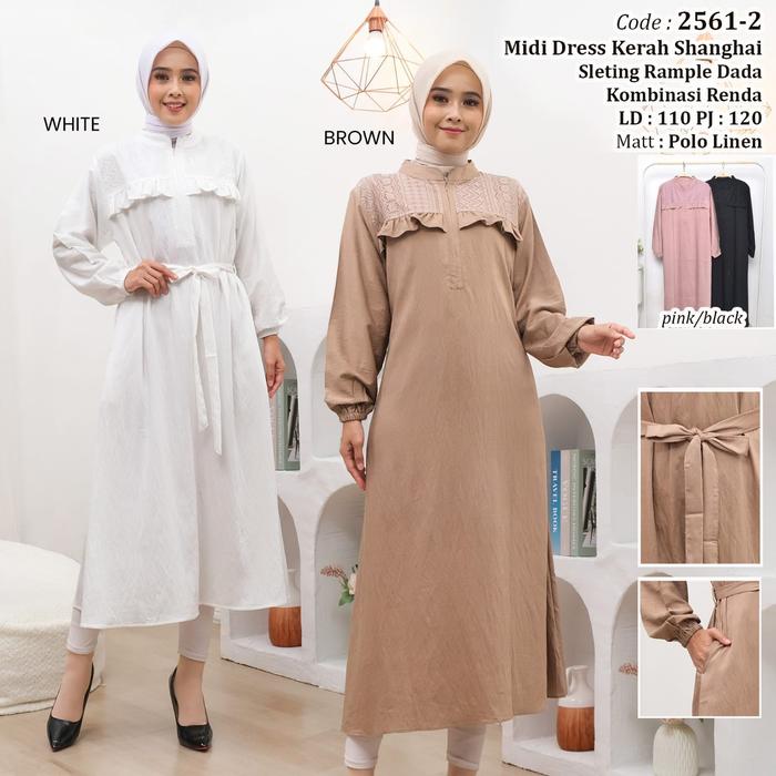 Midi dress linen brukat busui seleting rampel dada kombinasi renda linen premium Gamis