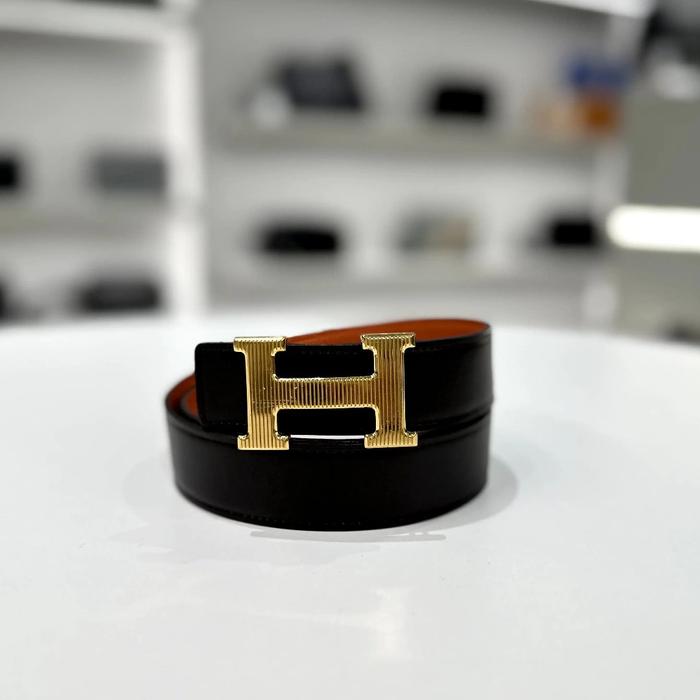 HERMES BRUSHED GOLD BUCKLE REVERSIBLE BELT BROWN/ORANGE