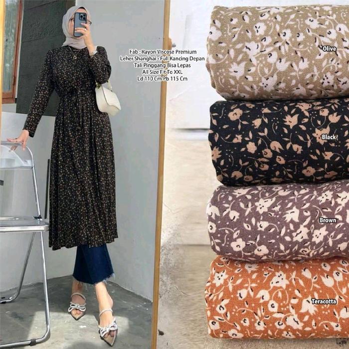 Atasan Tunik Rayon motif Bunga kecil Aness Long Tunic Wanita Dewasa