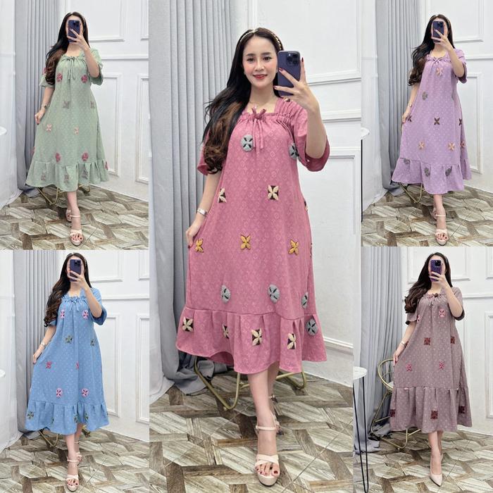 Jessi Daster Crinkle Embos Airflow Pom-Pom Fuji Rempel Dress Midi Kualitas Tinggi