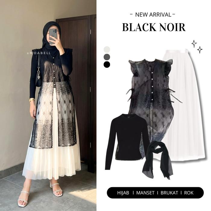 Black Noir Brukat One Set Kondangan 3in1 Setelan Wanita Kekinian Brokat Tile Long Vest Rok Tutu Puti