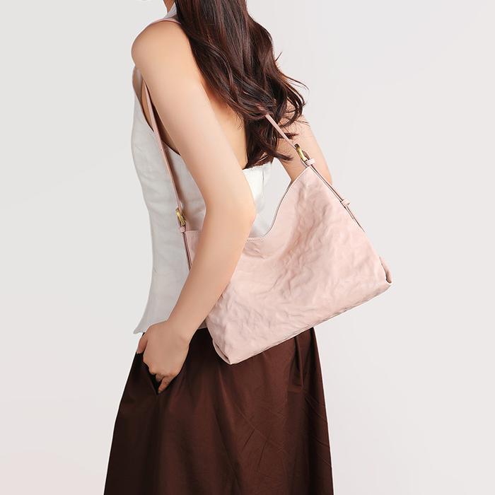 VINEY Crinkled Leather Ho Bag, Soft Women's Shoulder Purse with Adjustable Strap, Chic Pink/Bla /Whi