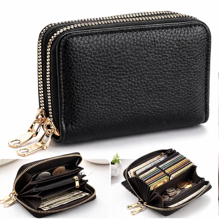 Dompet Kartu Wanita Pria Resleting Double Zipper Kulit Sintetis Anti Air Card Holder Banyak Slot Mua