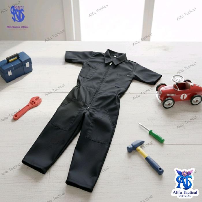 jumpsuit Anak Baju Profesi Mekanik Anak Wearpack Kostum Montir Anak Warna Hitam Lengan Pendek