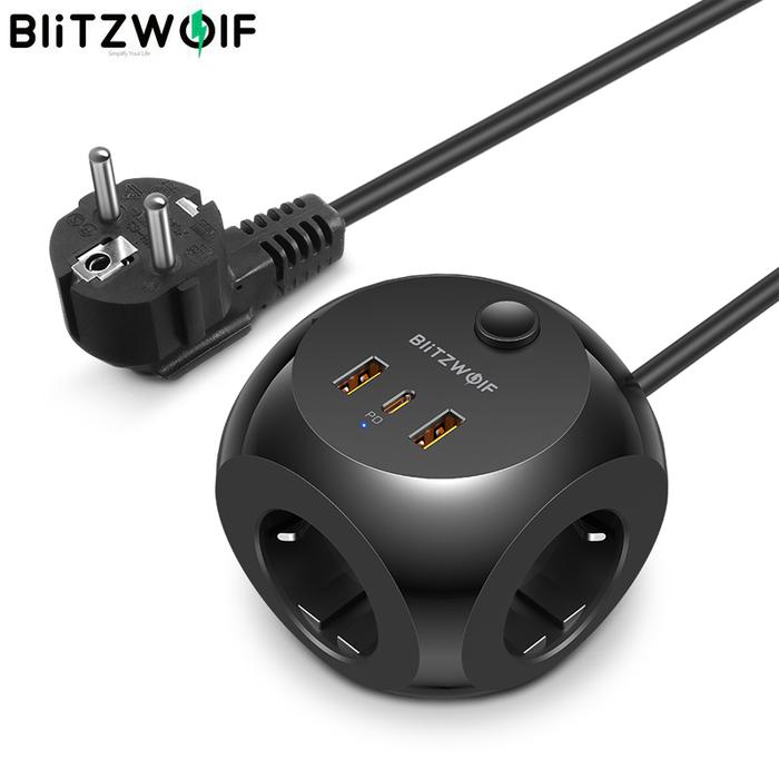 BlitzWolf®BW-PC1 soket Strip, daya 2500W Charger USB dengan 3 *
