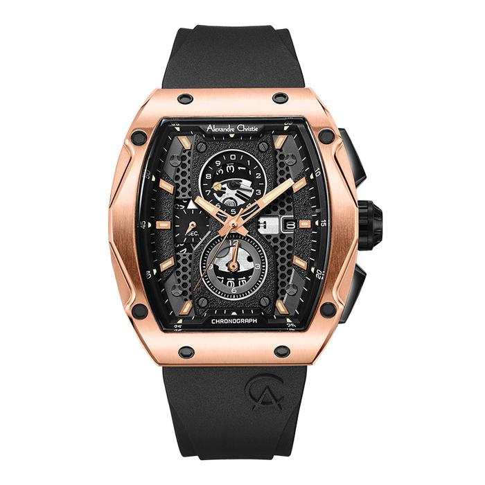 Jam Tangan Pria Alexandre Christie Chronograph AC 6608 MC RRGBA Men Black Dial Black Rubber Strap