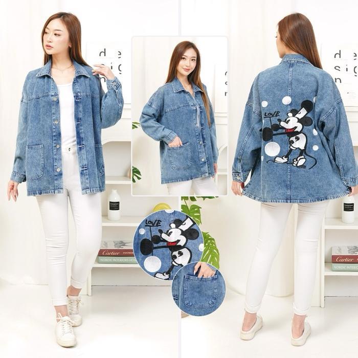 NEW TERMURAH BERKUALITAS ANGTIW - Jaket Jeans Wanita Oversize Denim Long Body Gambar Mickey Mouse