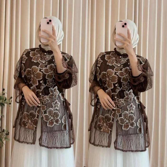 Delova Wardrobe - Dira Outer Ouse Modern Casual Atasan Baju Pakaian Dress Wanita Brukat Tali Tulle L