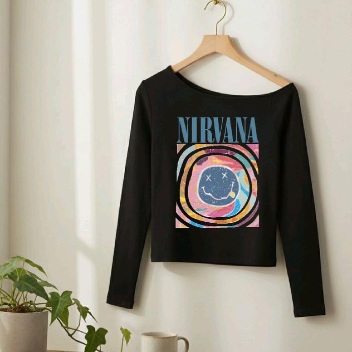 kaos croptop nirvana kaos off shoulder Y2k babytee bestseler kaos wanita atasan wanita lengan panjan