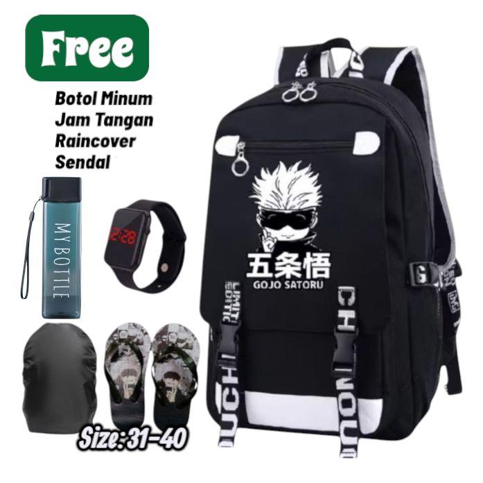 Gojo Satoru Tas Ransel Anak Sekolah SD SMP & Remaja Laki-Laki Bonus Botol Minum Jam Tangan Raincover
