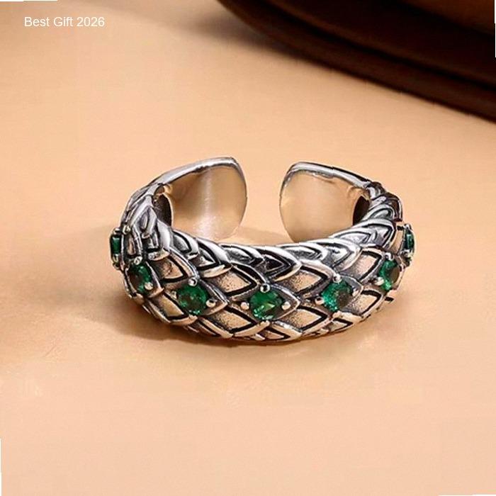 LR-1360 Cincin Perak Pria Thailand - Cincin dengan Motif Naga Retro dan Taburan Berlian, Tahan Karat