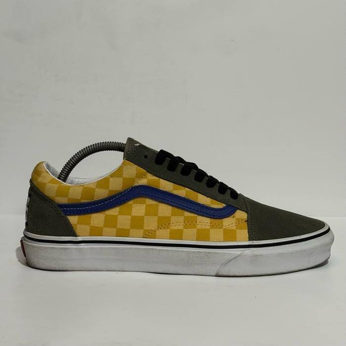 Vans Sepatu Sneaker Checkerboard Kombinasi Warna Kuning dan Hijau dengan Tali Hitam dan Sol Putih