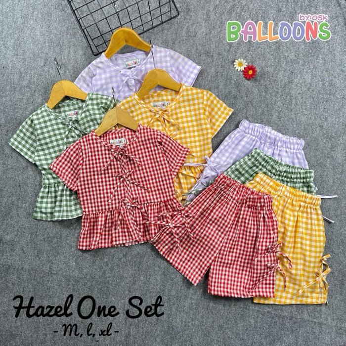 Balloons Dress Balon Setelan Anak Import Hazel One Set M L XL Baju Anak Perempuan Motif Kotak-kotak