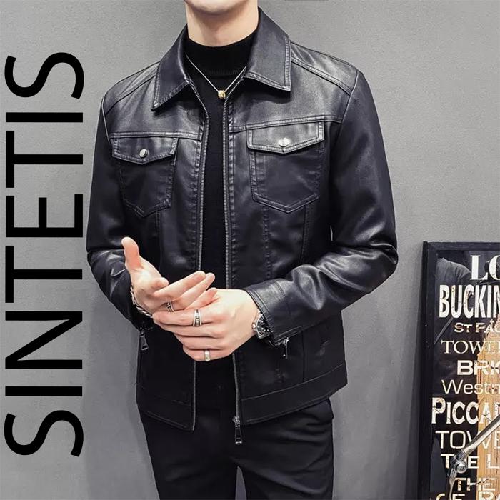 Jaket Kulit Sintetis Pria Model Jins Kerah Freestyle Mode