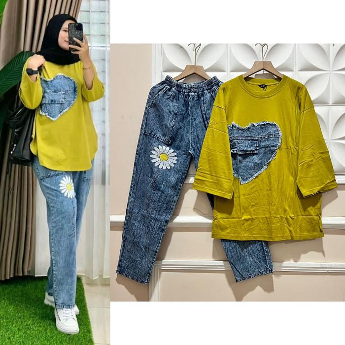 DEVINE Set / Setelan Kulot Jeans Mix Atasan Combed Oversize LD 112 by Zarra / Fashion Wanita Dewasa