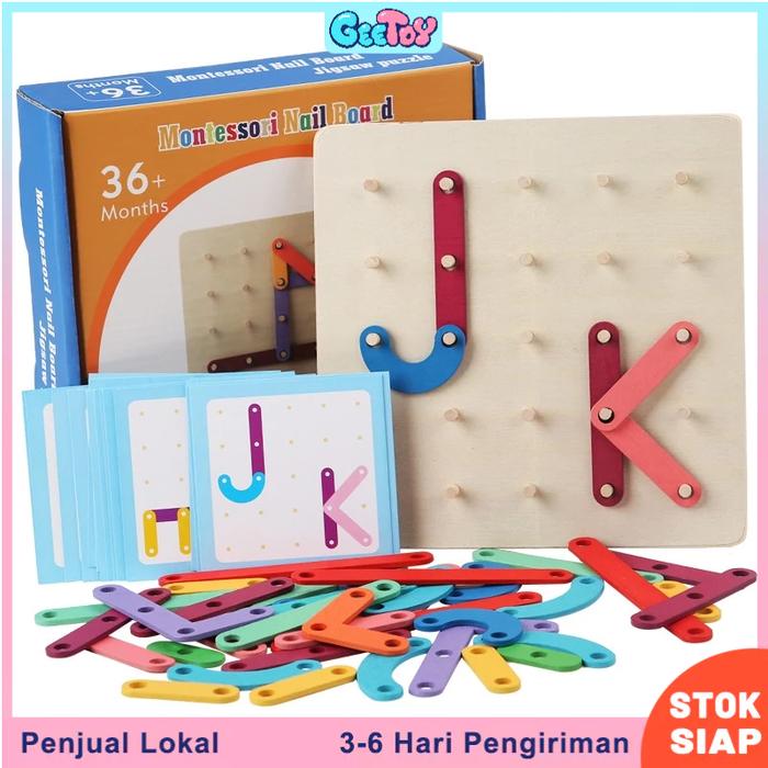 Geetoy Pegboard Huruf Geometris Puzzle Kayu Dengan Mainan Pendidikan Kartu Dua Sisi Untuk Anak-anak