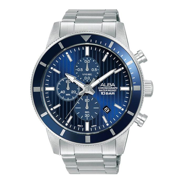 Jam Tangan Pria Alba Active AM3955X1 Chronograph Men Blue Patterned Dial Stainless Steel Strap