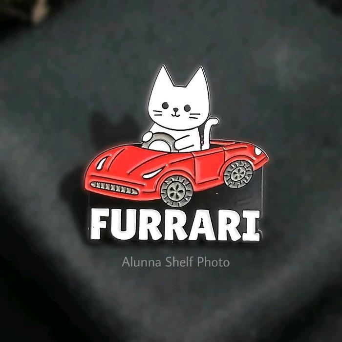Pin Enamel White Cat - Red Car Furrari | Kucing Putih Mobil Anabul | Bros Aksesoris