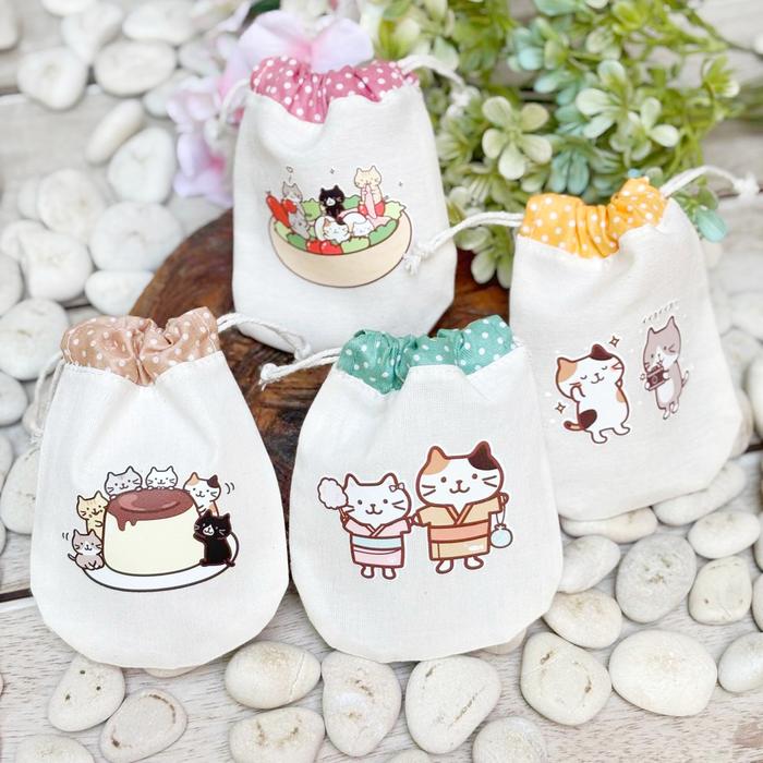 Pouch Serut Blacu Mini Dompet Kantong Kain Kecil Fuku Fuko Nyanko Kucing Kitten Cat Koin Makeup Gift