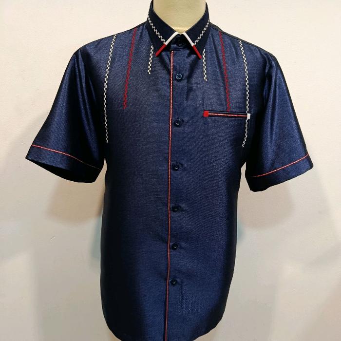 kemeja variasi smoke bagian dada, kemeja biru elektrik,  kemeja semi wool shining,  kemeja pejabat, 