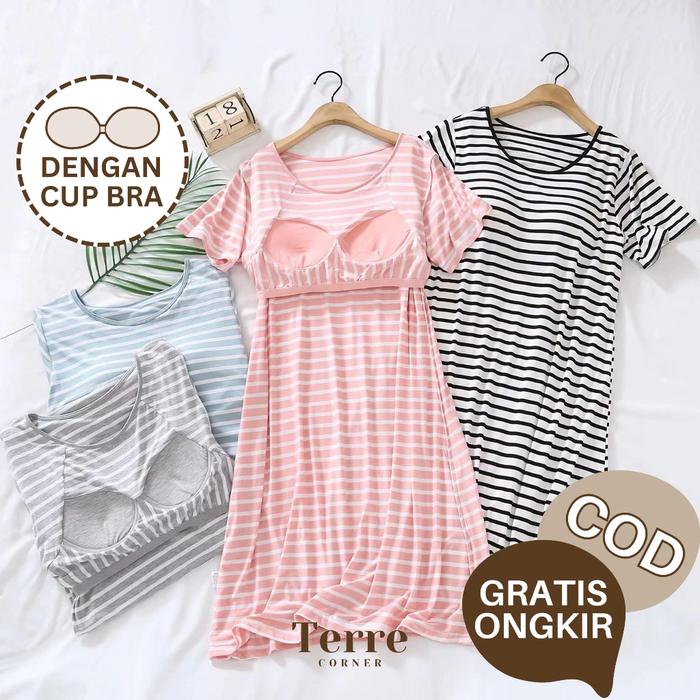 Ready Stok Baju Tidur Wanita Rouse Dress Sleepwear Daster Dengan Cup Bra Lengan Pendek Motif Garis P