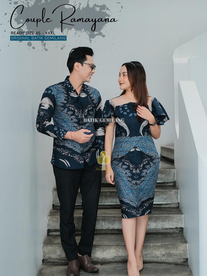 Penjuru Batik Couple Batik Modern Premium Motif RAMAYANA NAVY Sarimbit Kemeja & Dress Katun Elegan A