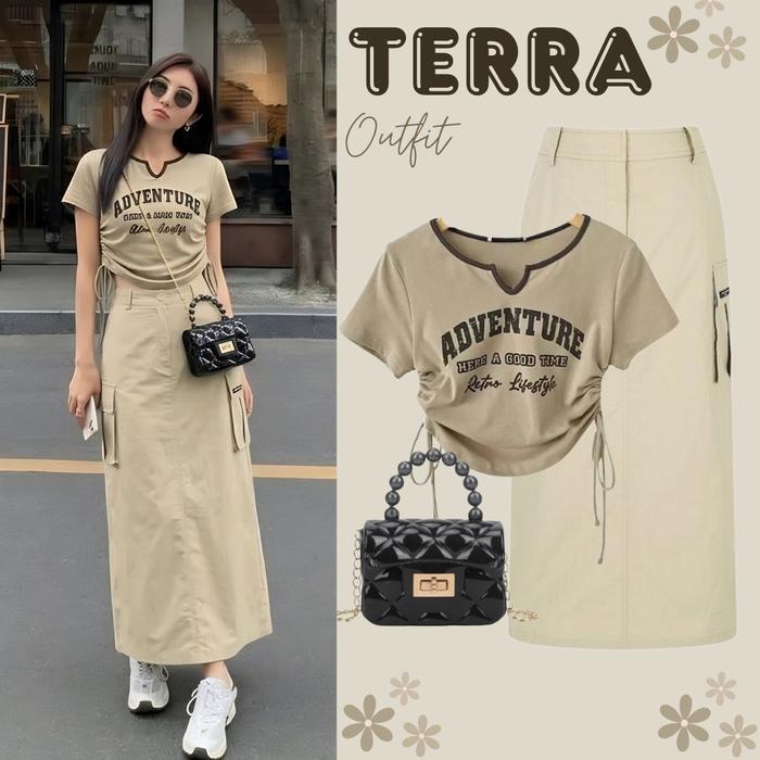 Oneset Wanita 3in1 Cargo Skirt Viral | Kaos Serut + Rok Cargo + Bag | Outfit Kekinian Konser & Sport