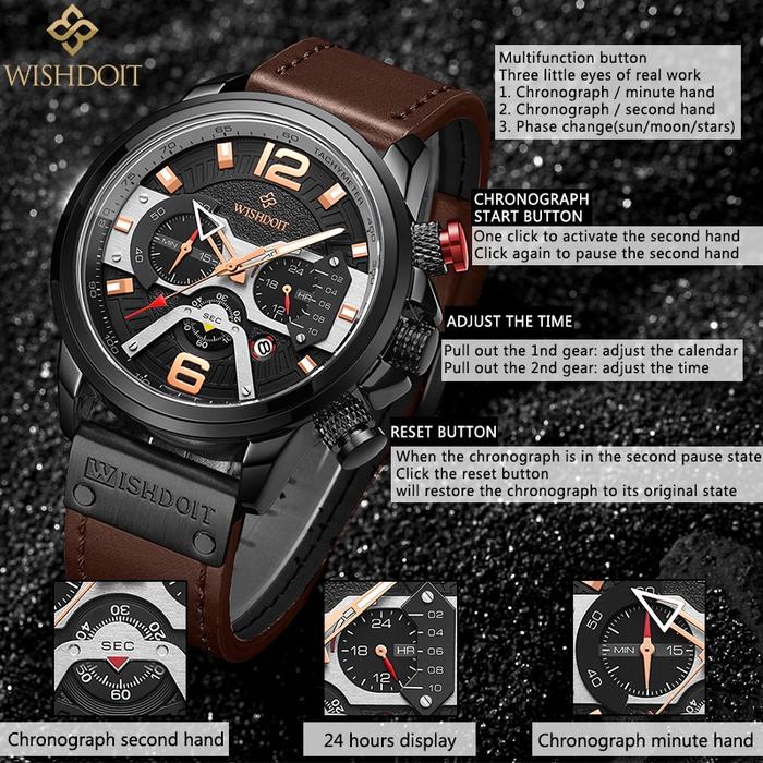 WISHDOIT Asli Jam Tangan Pria Keren Anti Air Baterai Hitam Jam Pria Kepopuleran Keren Olahraga Multi