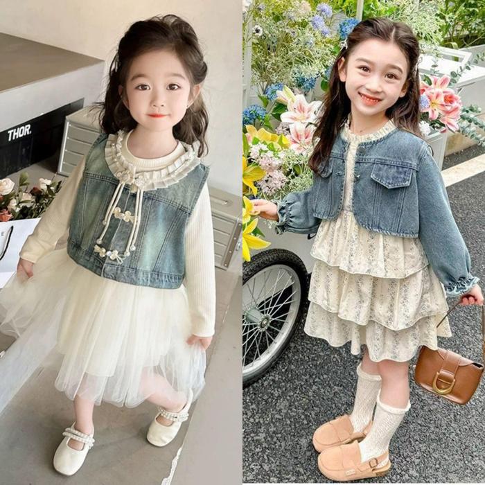 [KIDSWONDERLAND] 1039 & 1056 Dress Tutu 2in1 Rompi Denim Hillary Harvey Ruffle Neck Anak Perempuan
