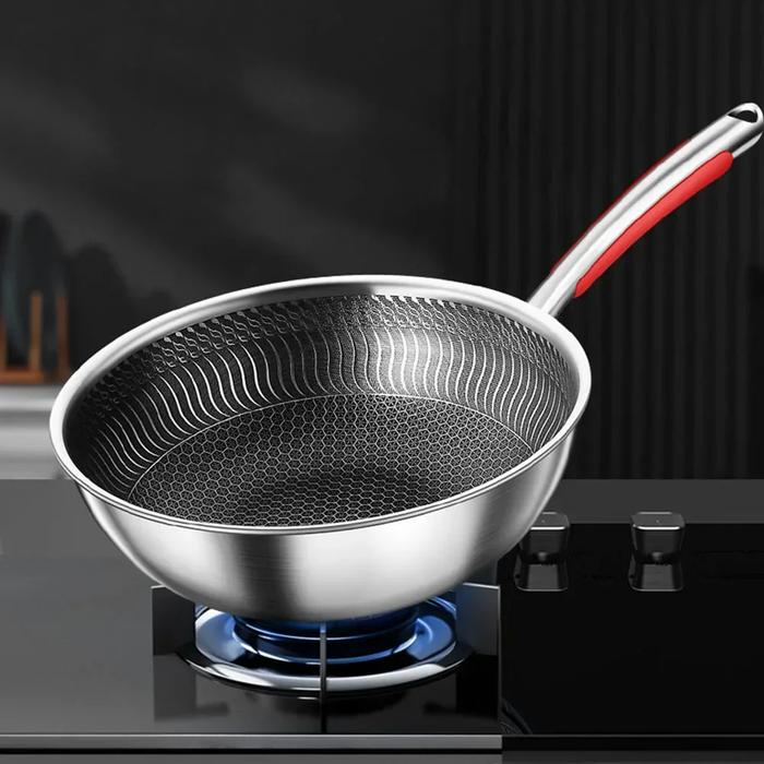316 Full Stainless Steel Wok Thick Honeycomb Handmade Frying Pan Non