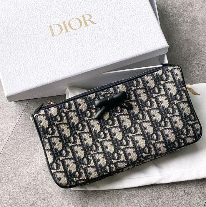 Dior Oblique Jacquard Blue Bow Pouch With Chain