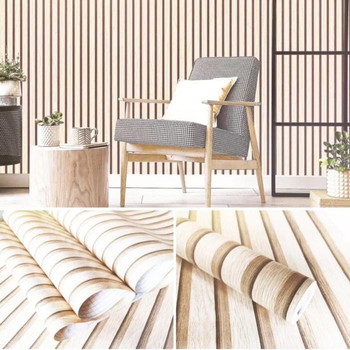 Wallpaper sticker dekorasi dinding motif panel kayu krem minimalist