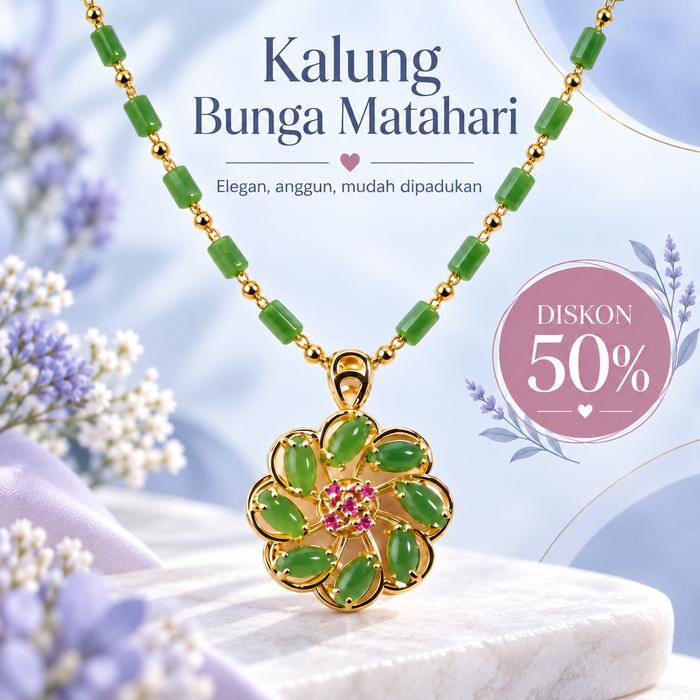Kalung Wanita Liontin Bunga Matahari Batu Giok Hijau Desain Mewah Elegan Rantai Manik Emas Aksesoris