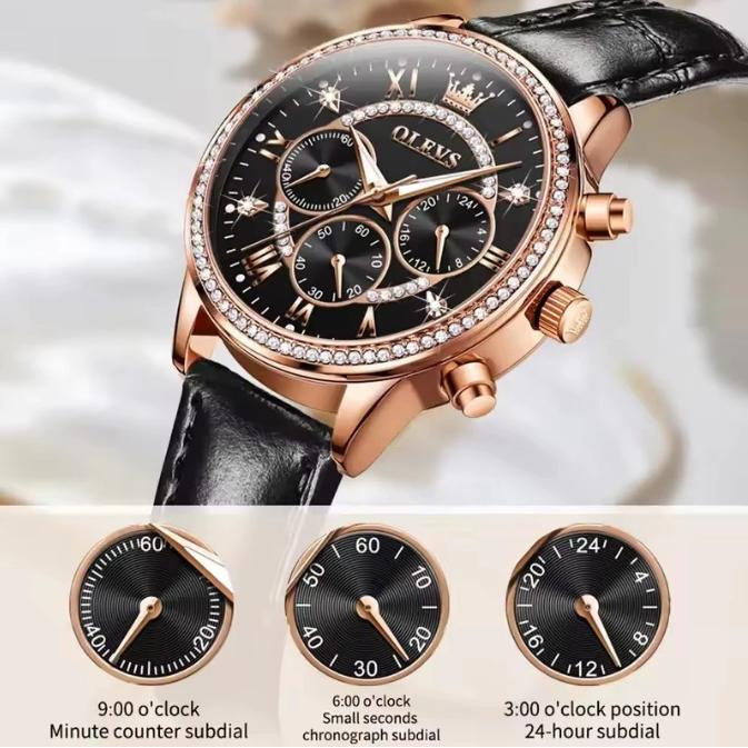 OLEVS Jam Tangan Simple Elegant Wanita Jam Tangan Cewe Mewah Sparkling Strap Kulit High Quality OLEV