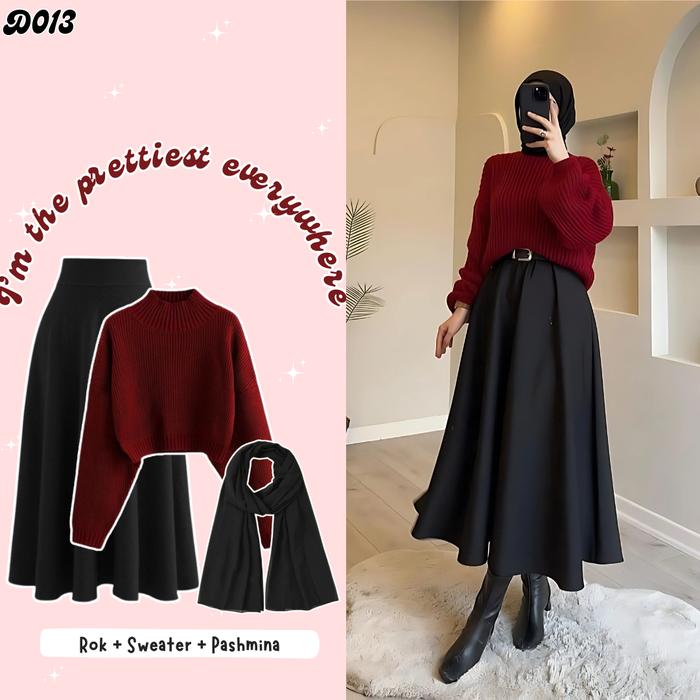 One Set Outfit Remaja Hijab Korean Cute Style 3in1 Wanita Viral Kekinian ( Atasan Sweater Rajut Polo
