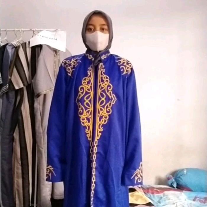 jubah luaran pria muslim biru lis jubah luar bordir pengantin jubah resmi